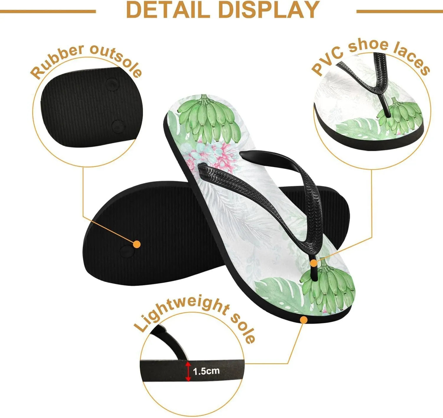 Banana Monstera Green Flip Flops Beach Shower Thong Sandals Rubber Non Slip Summer Slippers Shoes for Women Men Walking