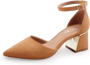 BCTEX COLL Womens Pointed Toe Pumps Shoes Ankle Strap Chunky Low Heels Metal Lined Sandals Designed for Women