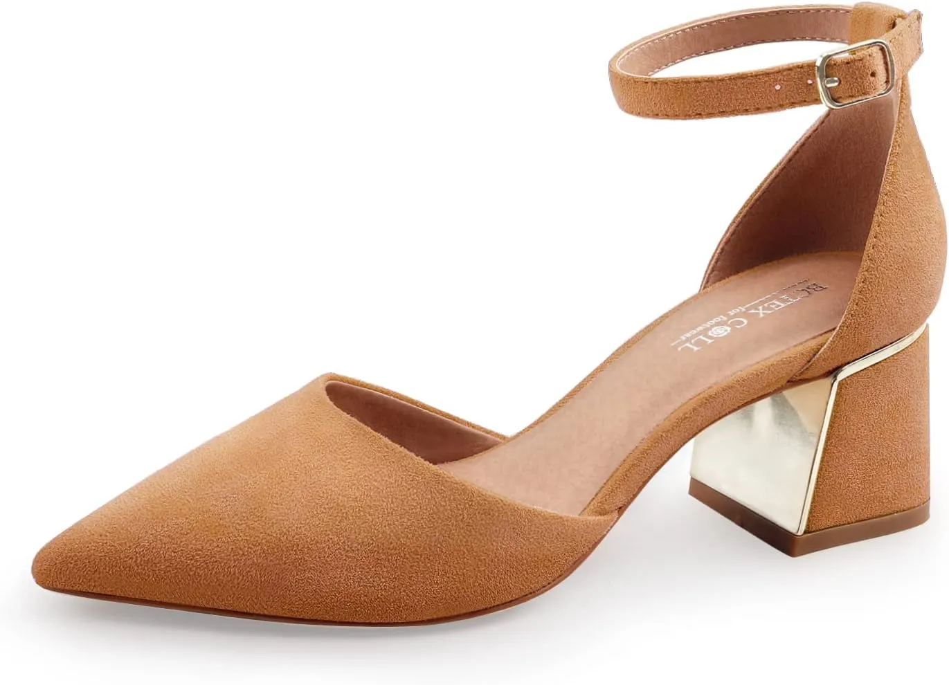 BCTEX COLL Womens Pointed Toe Pumps Shoes Ankle Strap Chunky Low Heels Metal Lined Sandals Designed for Women