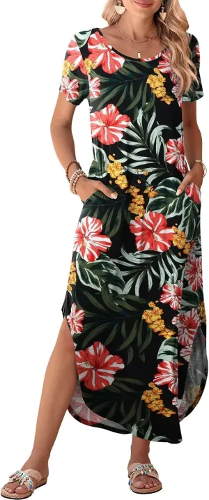 BELAROI Womens Plus Size Maxi Dresses Summer T Shirt Dress Casual Scoop Neck Short Sleeve Long Dress Loose Pockets Split