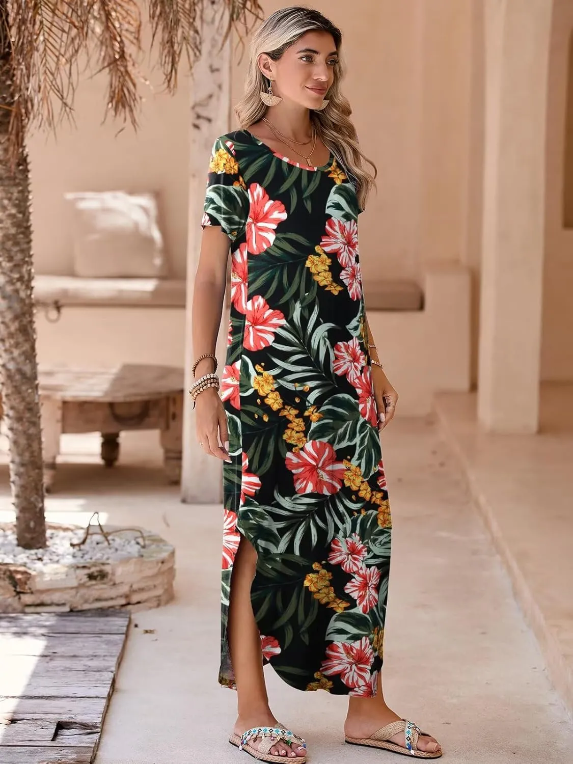 BELAROI Womens Plus Size Maxi Dresses Summer T Shirt Dress Casual Scoop Neck Short Sleeve Long Dress Loose Pockets Split