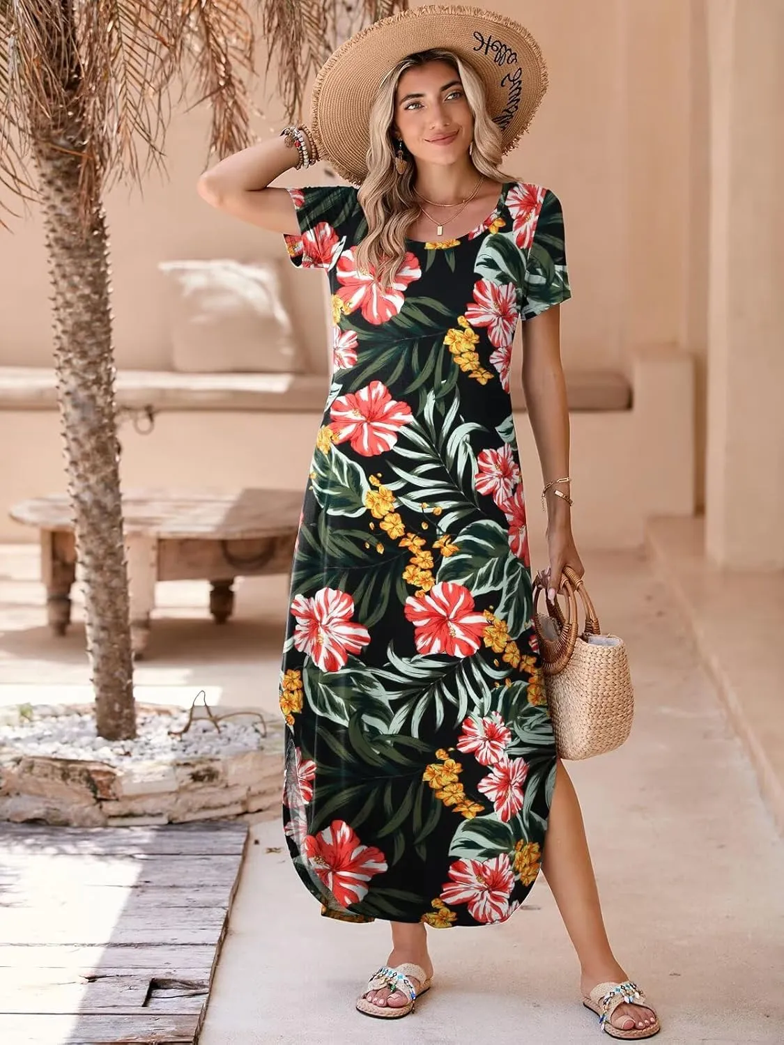 BELAROI Womens Plus Size Maxi Dresses Summer T Shirt Dress Casual Scoop Neck Short Sleeve Long Dress Loose Pockets Split