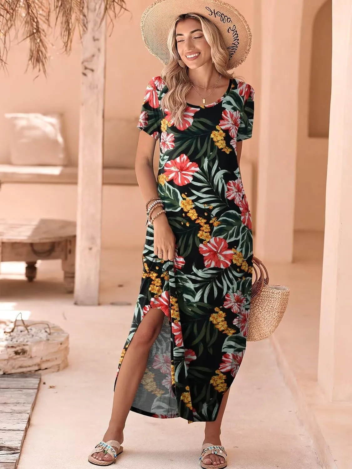BELAROI Womens Plus Size Maxi Dresses Summer T Shirt Dress Casual Scoop Neck Short Sleeve Long Dress Loose Pockets Split
