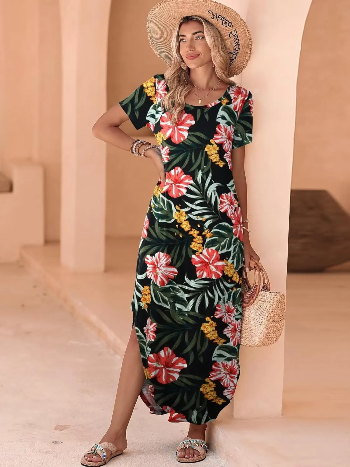 BELAROI Womens Plus Size Maxi Dresses Summer T Shirt Dress Casual Scoop Neck Short Sleeve Long Dress Loose Pockets Split
