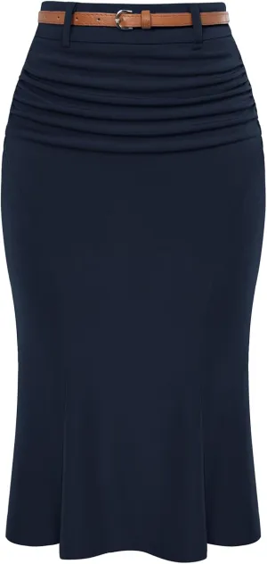 Belle Poque Women's Bodycon Pencil Skirt with Belt Knee Length 1950s Vintage Work Business Skirts