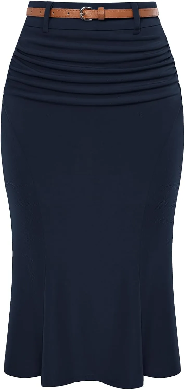 Belle Poque Women's Bodycon Pencil Skirt with Belt Knee Length 1950s Vintage Work Business Skirts