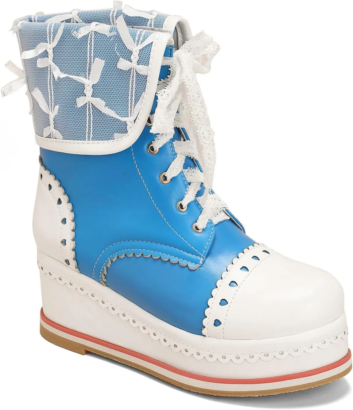 Betastella Women's Cute Platform Wedges Brogues Booties Heeled Kawaii Lace Up Ankle Boots
