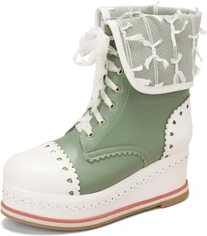 Betastella Women's Cute Platform Wedges Brogues Booties Heeled Kawaii Lace Up Ankle Boots