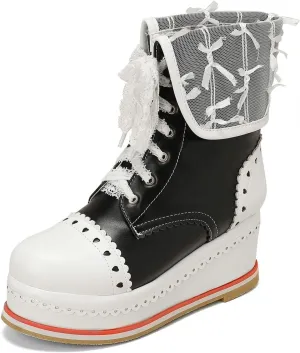 Betastella Women's Cute Platform Wedges Brogues Booties Heeled Kawaii Lace Up Ankle Boots