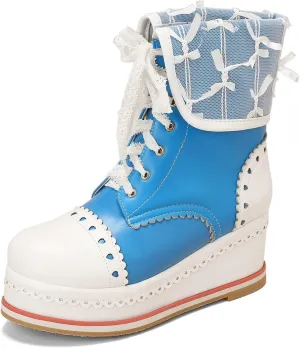 Betastella Women's Cute Platform Wedges Brogues Booties Heeled Kawaii Lace Up Ankle Boots