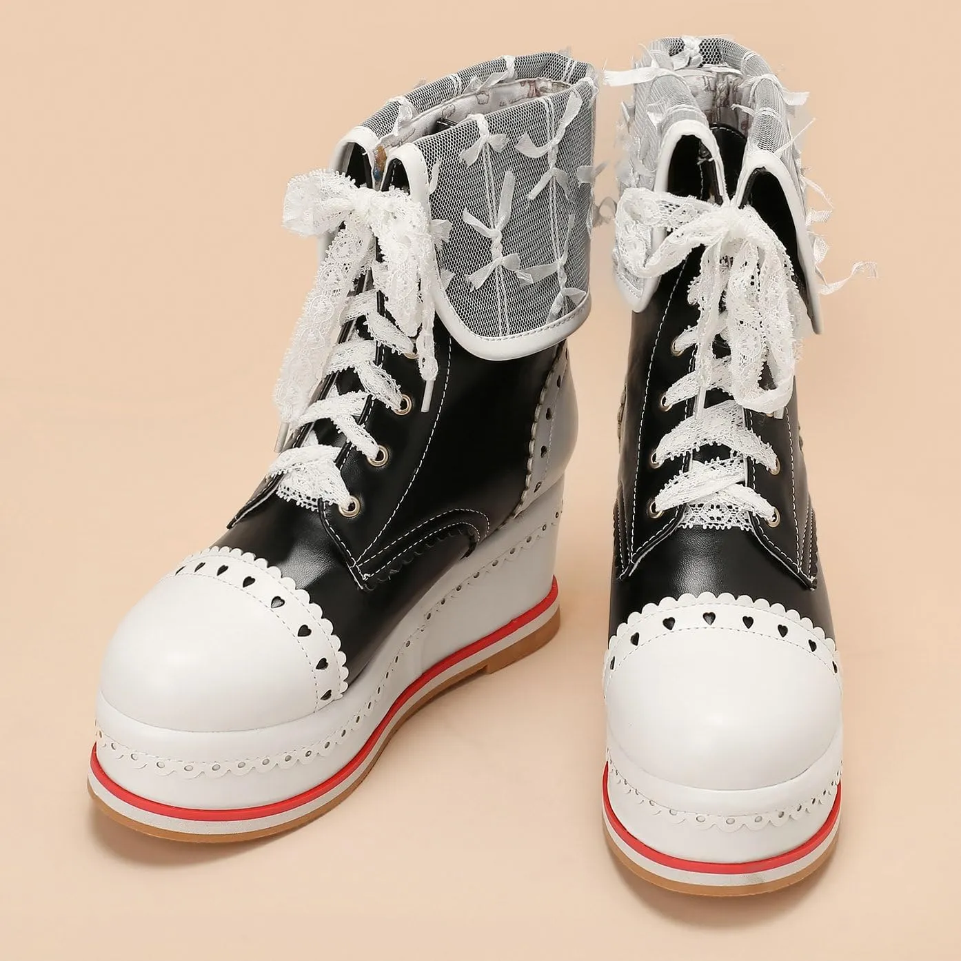 Betastella Women's Cute Platform Wedges Brogues Booties Heeled Kawaii Lace Up Ankle Boots