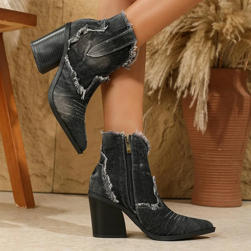 Betastella Womens Denim Embroidered Western Cowboy Boots Pointed Toe Chunky Heel Fringe Ankle Jeans Boots Vintage Cowgirl Booties
