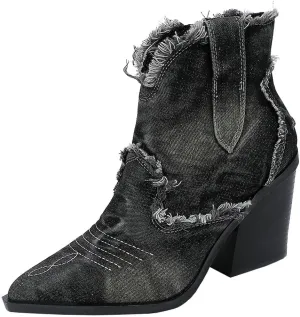 Betastella Womens Denim Embroidered Western Cowboy Boots Pointed Toe Chunky Heel Fringe Ankle Jeans Boots Vintage Cowgirl Booties