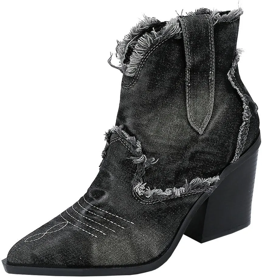 Betastella Womens Denim Embroidered Western Cowboy Boots Pointed Toe Chunky Heel Fringe Ankle Jeans Boots Vintage Cowgirl Booties