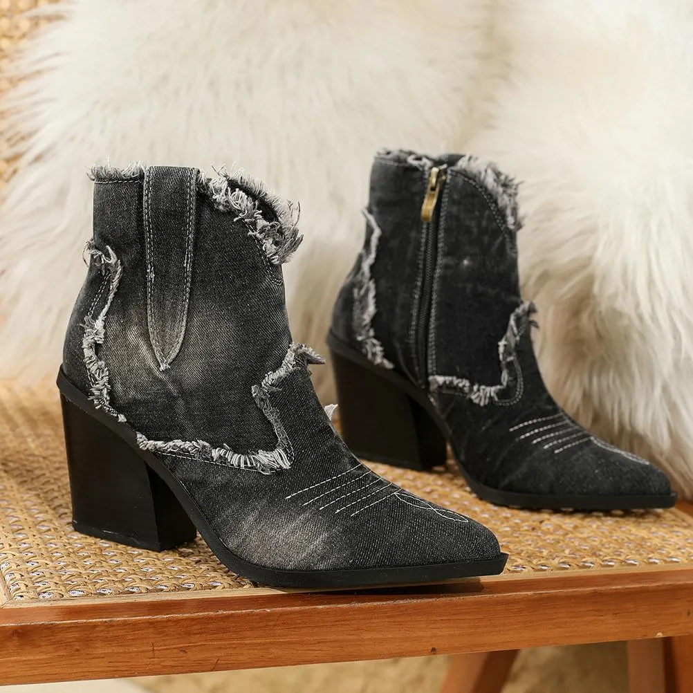 Betastella Womens Denim Embroidered Western Cowboy Boots Pointed Toe Chunky Heel Fringe Ankle Jeans Boots Vintage Cowgirl Booties