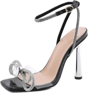 Betastella Women's Square Toe Ankle Strap Sandals Stilettos High Heel Open Toe Pumps With Bow