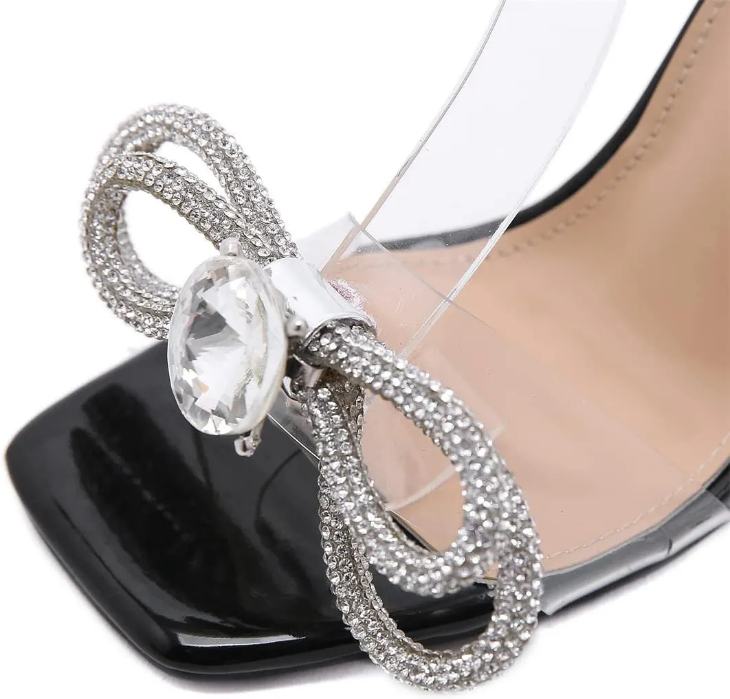 Betastella Women's Square Toe Ankle Strap Sandals Stilettos High Heel Open Toe Pumps With Bow