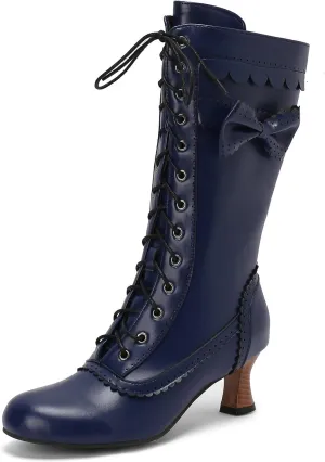 Betastella Womens Vintage Victorian Mid Calf Boots Lace Up Kitten Heel Knee High Renaissance Boots with Bow