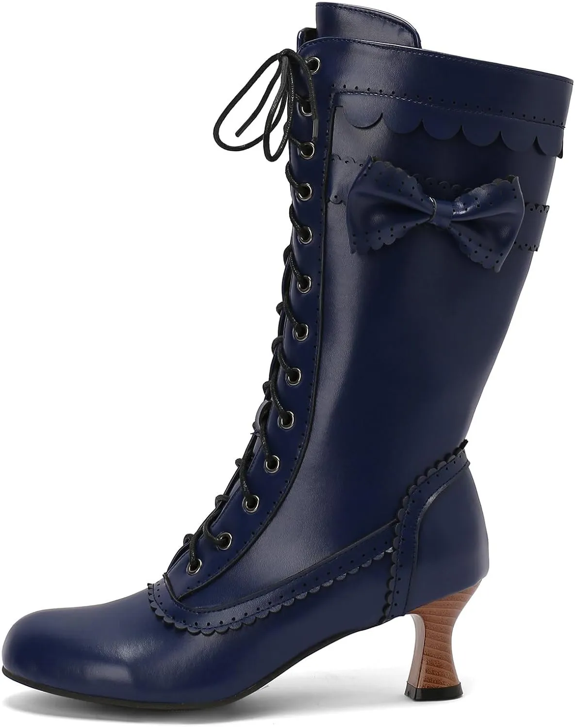 Betastella Womens Vintage Victorian Mid Calf Boots Lace Up Kitten Heel Knee High Renaissance Boots with Bow