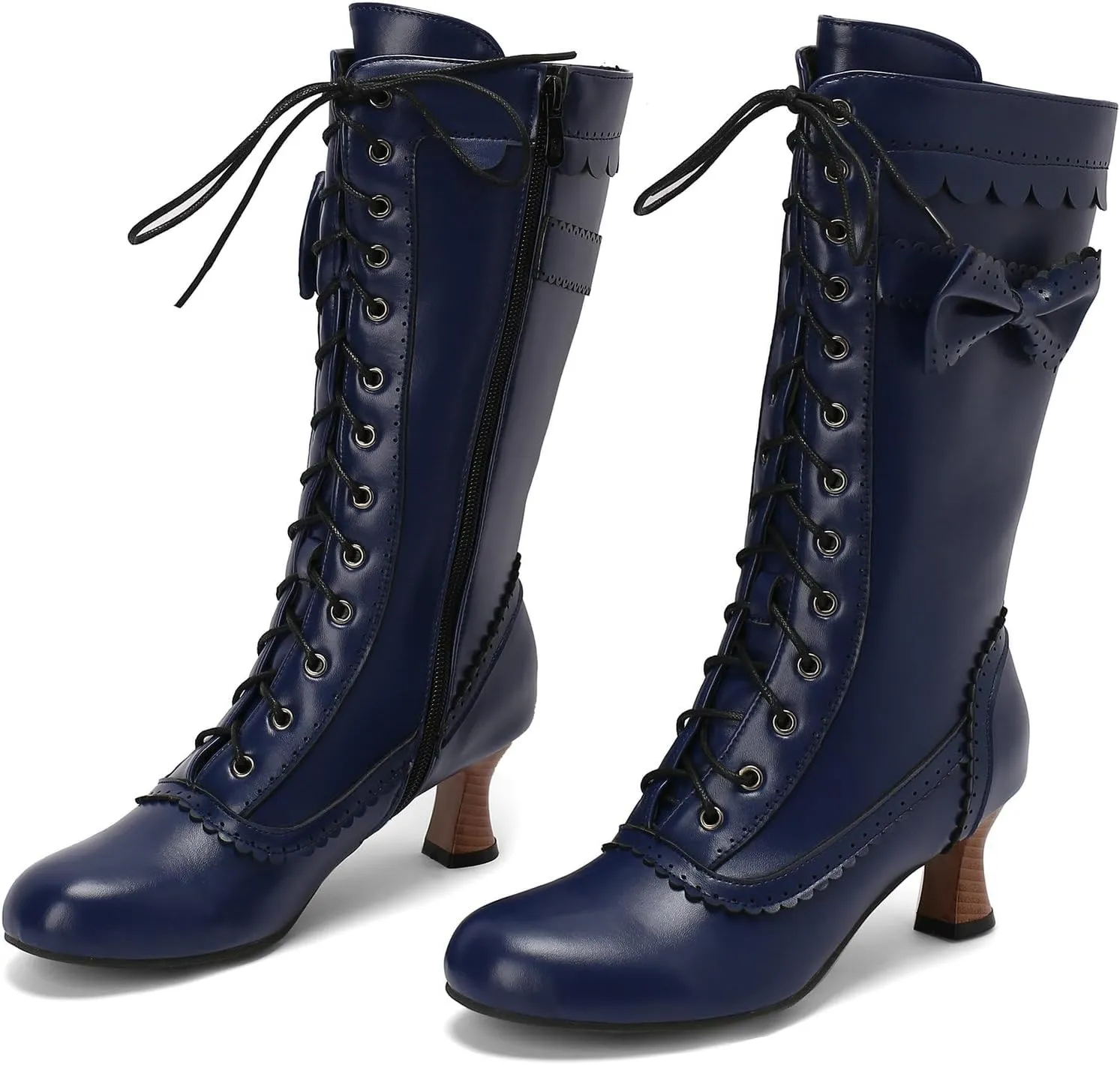 Betastella Womens Vintage Victorian Mid Calf Boots Lace Up Kitten Heel Knee High Renaissance Boots with Bow