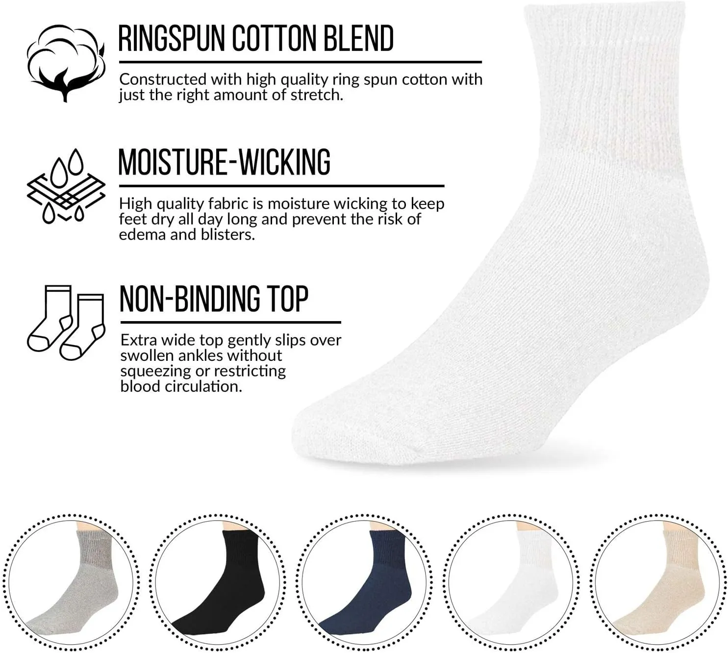 Big and Tall Diabetic Cotton Neuropathy Ankle Socks, King Size Mens Athletic Socks (13-15, Quarter Black) - 12 pairs