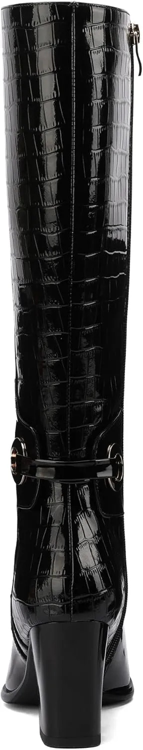 Black Knee High Boots Women High Heel Wide Calf Tall Thigh High Cowboy Cowgirl Winter Botas Para Mujer Chunky Block Western Waterproof Rain Snow Comfortable Shoes