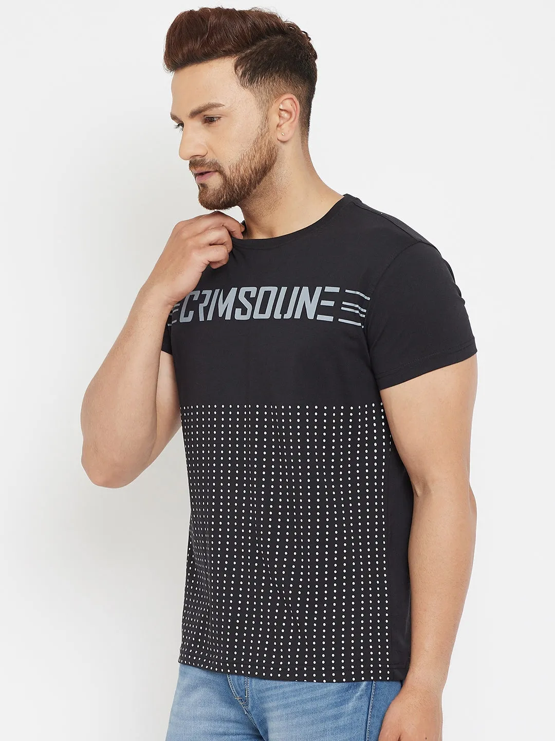 Black Printed Round Neck T-Shirt