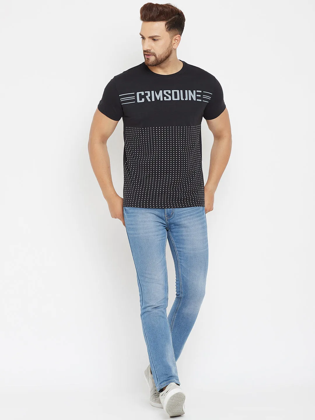 Black Printed Round Neck T-Shirt