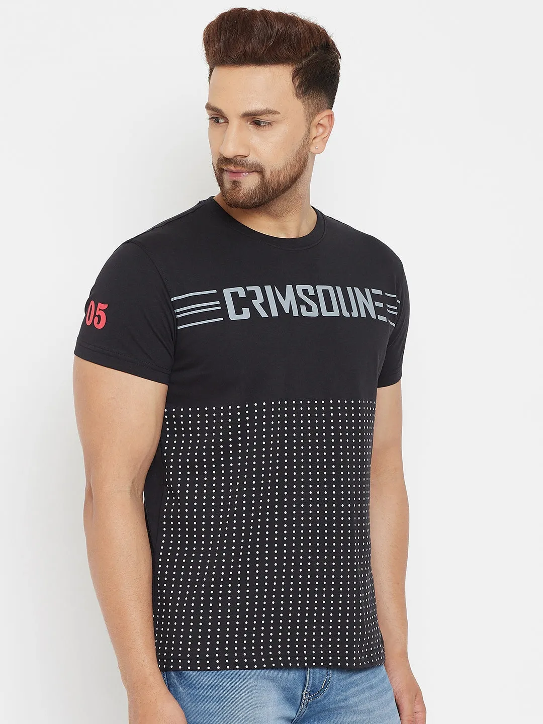 Black Printed Round Neck T-Shirt