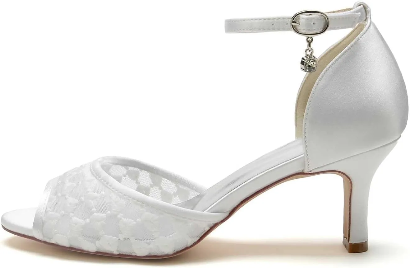 Bridal Peep Toe High Heels - Buckle Closure Wedding Shoes for Bride, Lace & Satin Evening Party Pumps