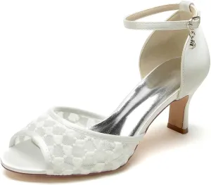 Bridal Peep Toe High Heels - Buckle Closure Wedding Shoes for Bride, Lace & Satin Evening Party Pumps