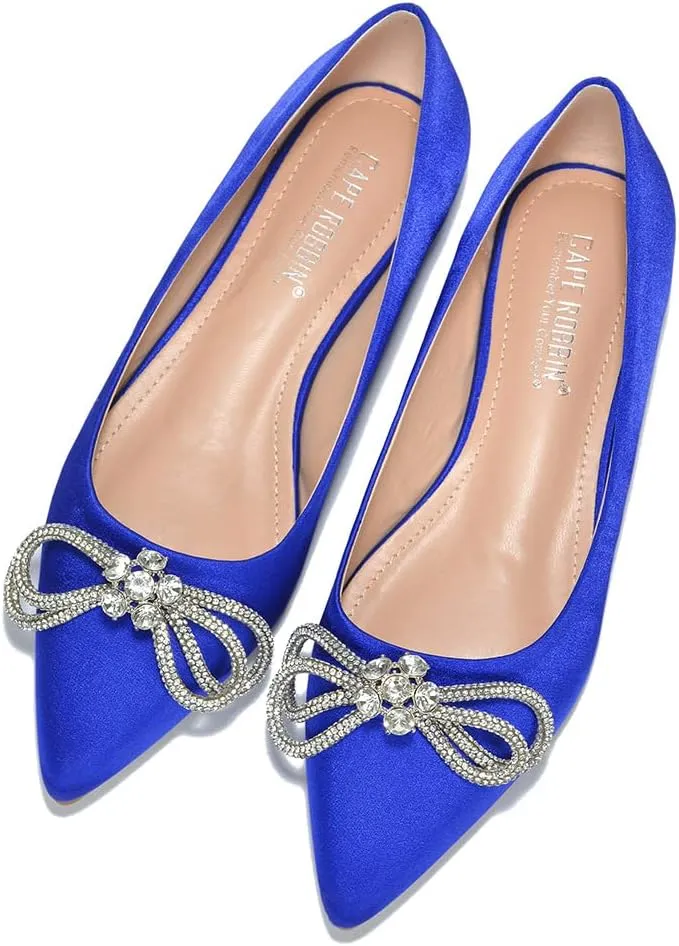 Cape Robbin Stearling Pointed Toe Flats for Women, Women's Flats with Rhinestone Bow