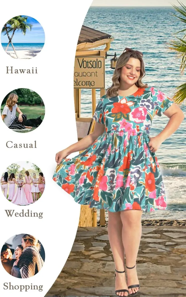 CARCOS Womens Plus Size Dresses Summer Short Sleeve Babydoll Dress Beach Casual Loose Mini Sundresses with Pocket XL-5XL