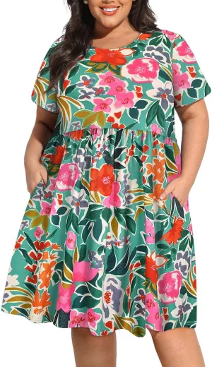 CARCOS Womens Plus Size Dresses Summer Short Sleeve Babydoll Dress Beach Casual Loose Mini Sundresses with Pocket XL-5XL