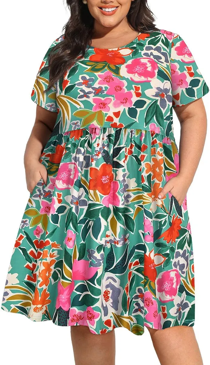CARCOS Womens Plus Size Dresses Summer Short Sleeve Babydoll Dress Beach Casual Loose Mini Sundresses with Pocket XL-5XL