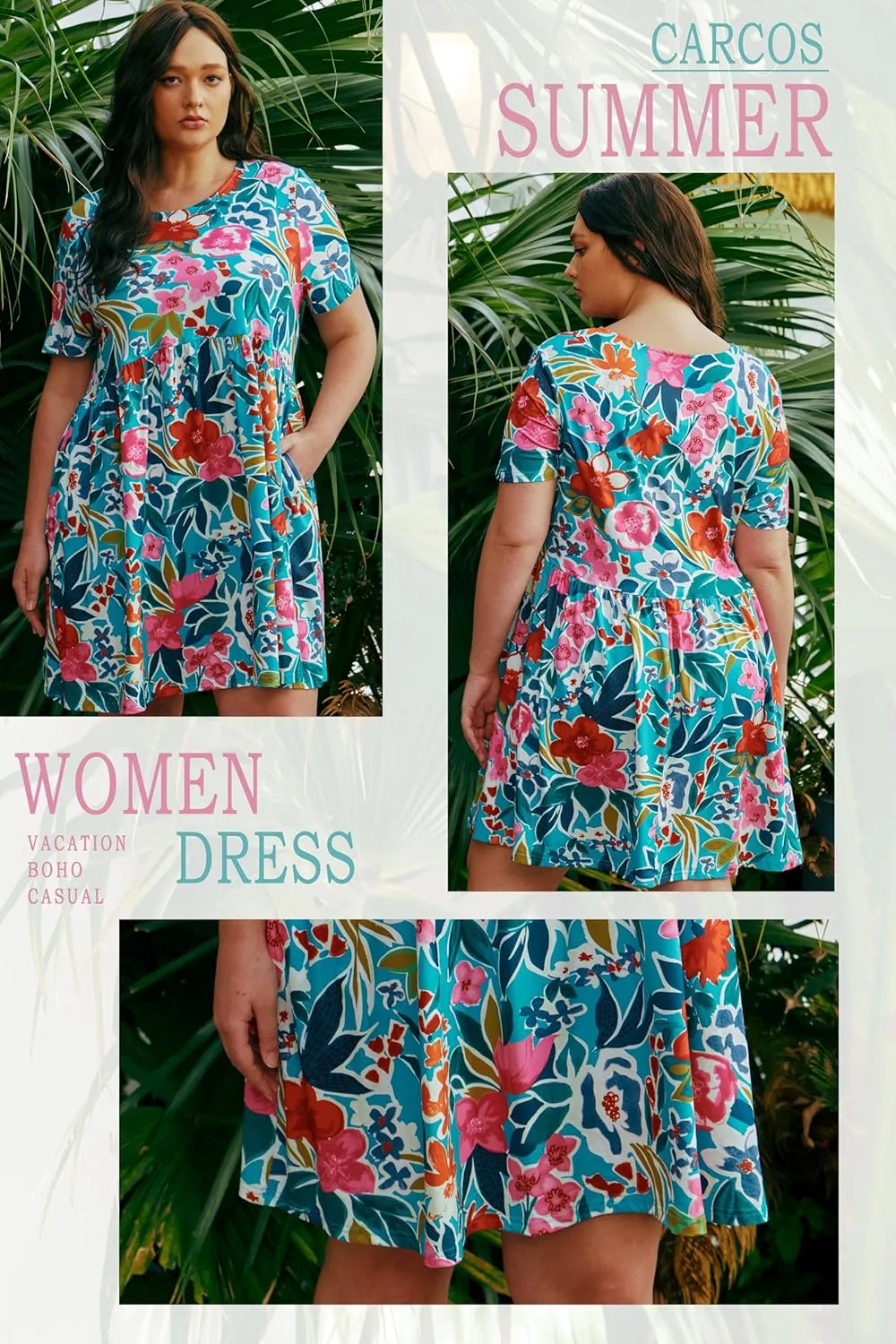 CARCOS Womens Plus Size Dresses Summer Short Sleeve Babydoll Dress Beach Casual Loose Mini Sundresses with Pocket XL-5XL