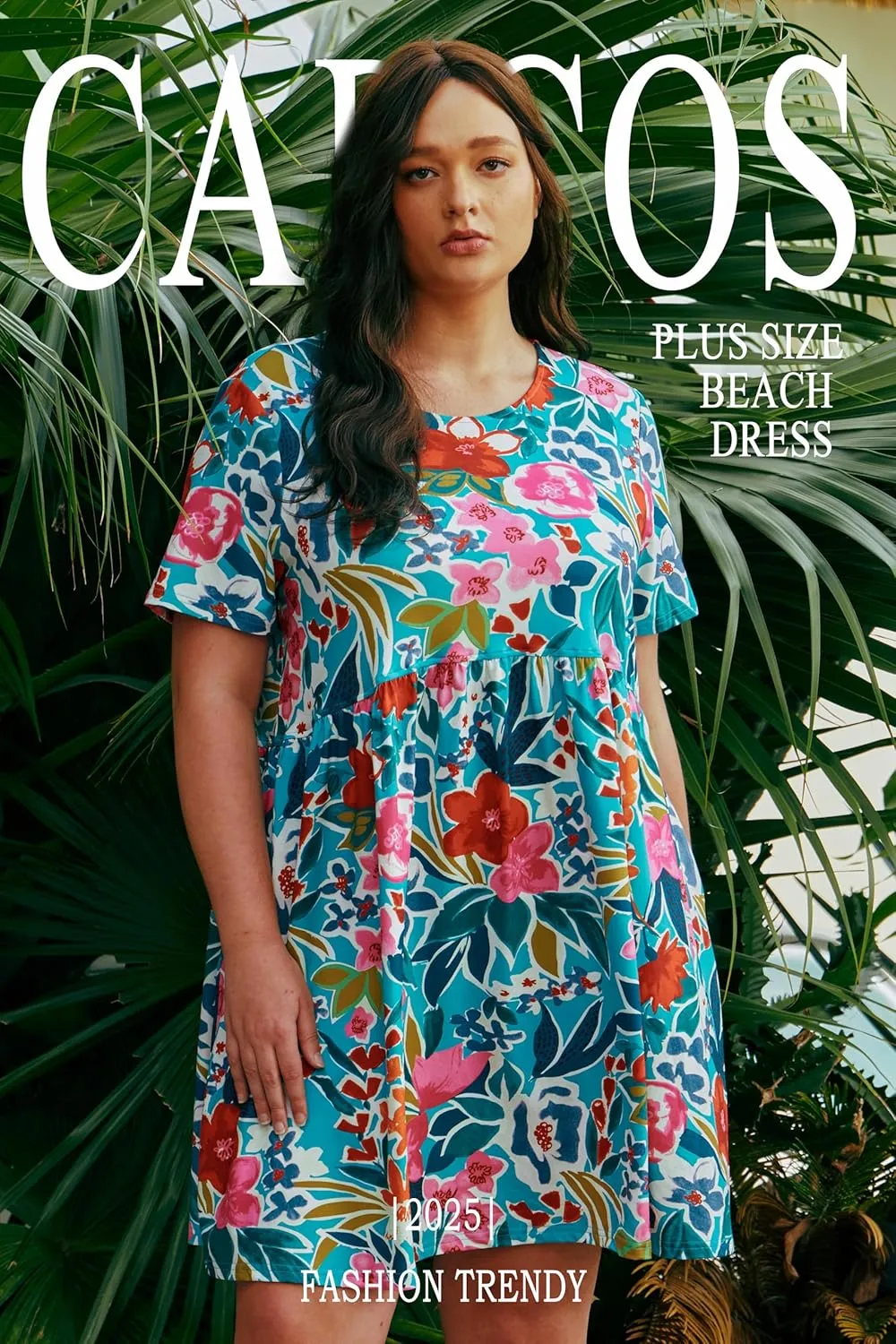 CARCOS Womens Plus Size Dresses Summer Short Sleeve Babydoll Dress Beach Casual Loose Mini Sundresses with Pocket XL-5XL