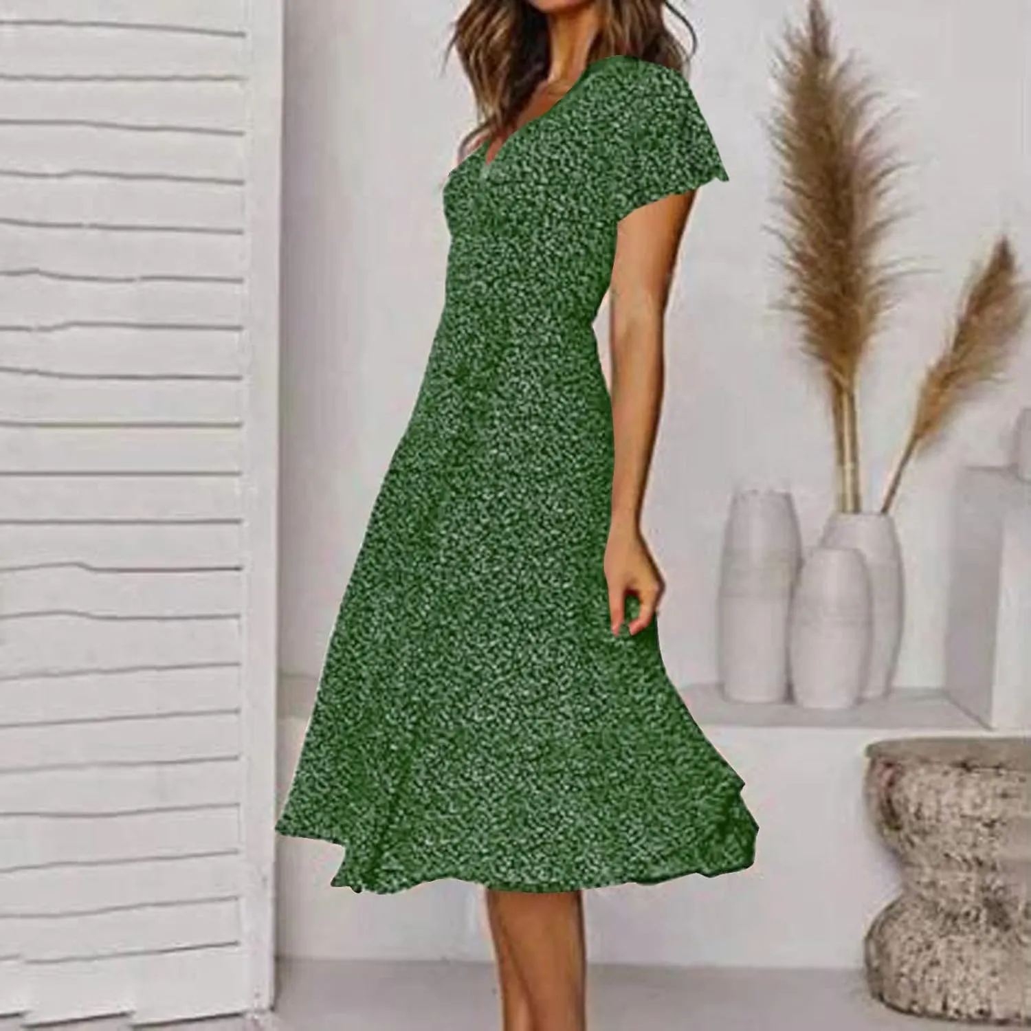 Casual Summer Dresses for Women Polka Dot Print V Neck Short Sleeve Ruffle Flowy Boho Floral Dress Midi Length