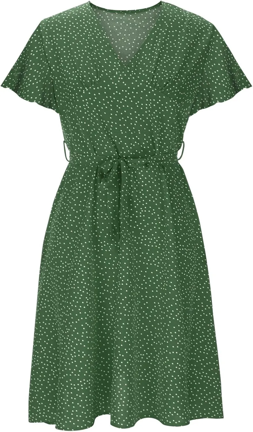 Casual Summer Dresses for Women Polka Dot Print V Neck Short Sleeve Ruffle Flowy Boho Floral Dress Midi Length