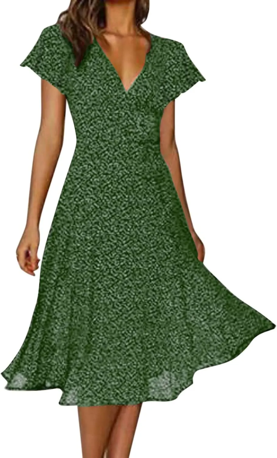 Casual Summer Dresses for Women Polka Dot Print V Neck Short Sleeve Ruffle Flowy Boho Floral Dress Midi Length