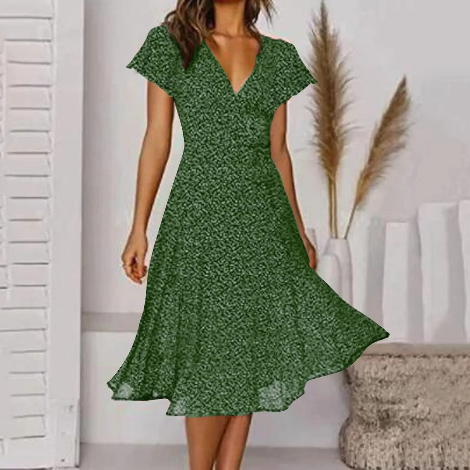 Casual Summer Dresses for Women Polka Dot Print V Neck Short Sleeve Ruffle Flowy Boho Floral Dress Midi Length