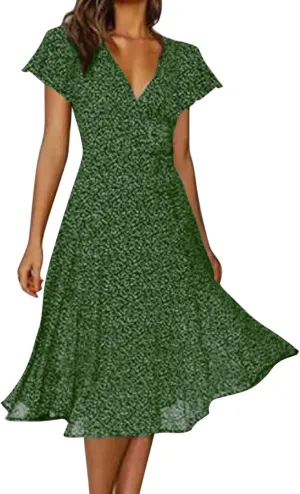 Casual Summer Dresses for Women Polka Dot Print V Neck Short Sleeve Ruffle Flowy Boho Floral Dress Midi Length