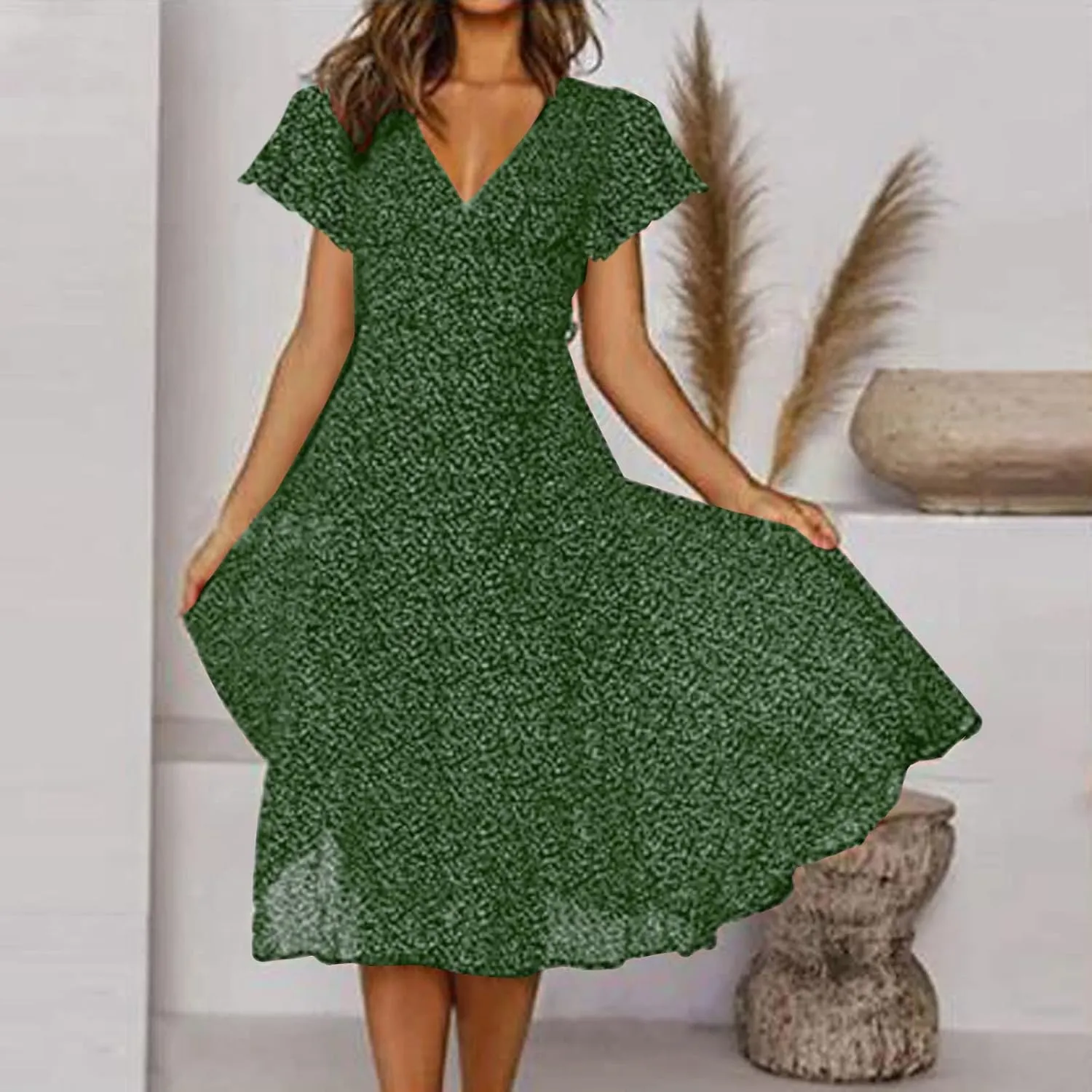 Casual Summer Dresses for Women Polka Dot Print V Neck Short Sleeve Ruffle Flowy Boho Floral Dress Midi Length