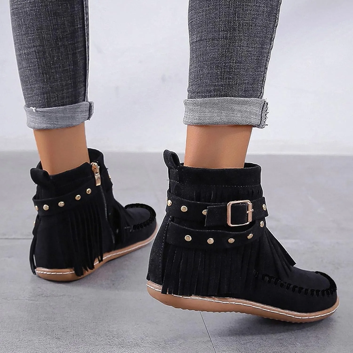 Cathalem Ankle Boots for Women, Fringe Faux Suede Boots Retro Round Toe Fringe Buckle Strap Boots Tassel Knight Booties Shoes