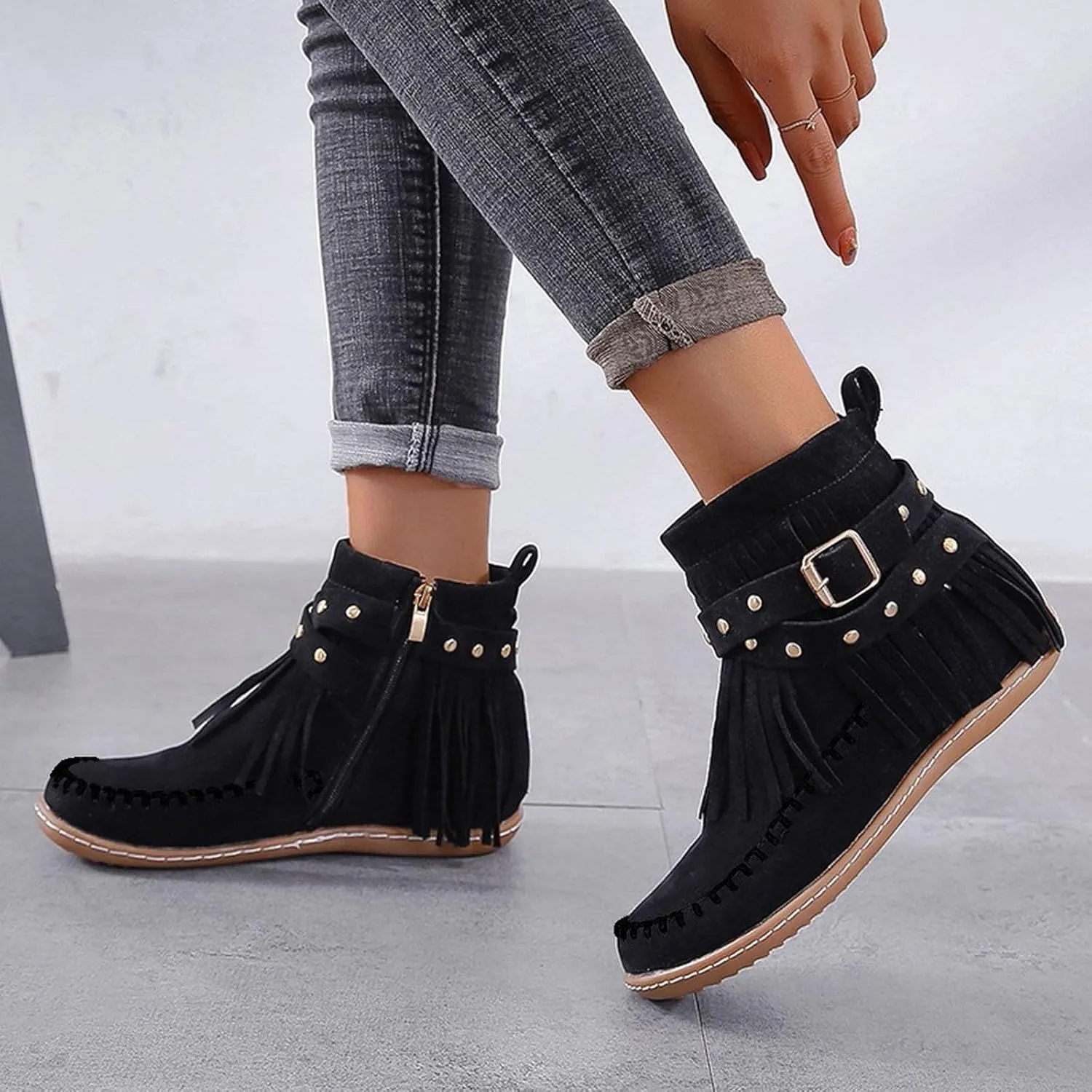 Cathalem Ankle Boots for Women, Fringe Faux Suede Boots Retro Round Toe Fringe Buckle Strap Boots Tassel Knight Booties Shoes