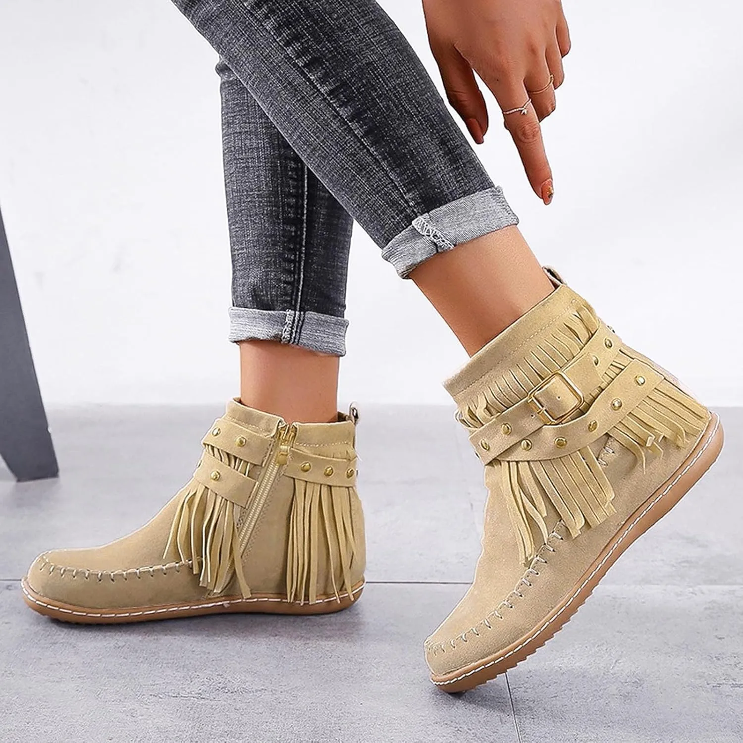 Cathalem Ankle Boots for Women, Fringe Faux Suede Boots Retro Round Toe Fringe Buckle Strap Boots Tassel Knight Booties Shoes