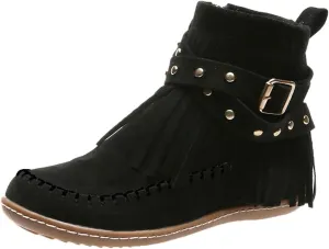 Cathalem Ankle Boots for Women, Fringe Faux Suede Boots Retro Round Toe Fringe Buckle Strap Boots Tassel Knight Booties Shoes