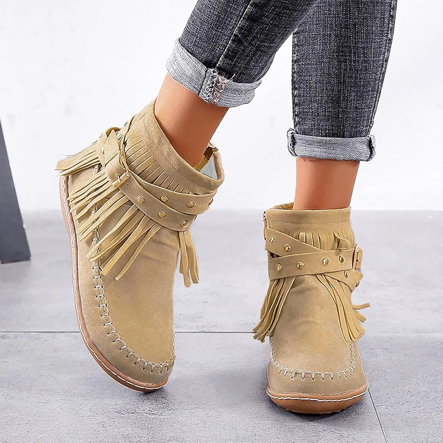 Cathalem Ankle Boots for Women, Fringe Faux Suede Boots Retro Round Toe Fringe Buckle Strap Boots Tassel Knight Booties Shoes