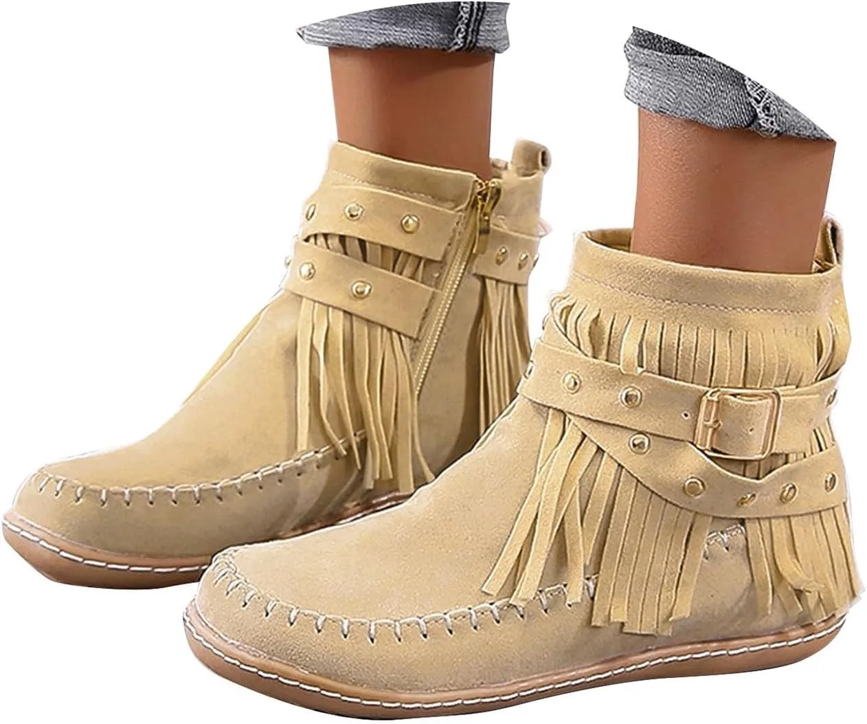 Cathalem Ankle Boots for Women, Fringe Faux Suede Boots Retro Round Toe Fringe Buckle Strap Boots Tassel Knight Booties Shoes