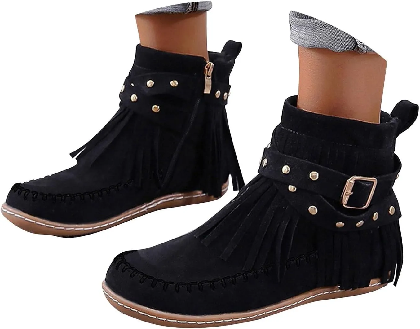 Cathalem Ankle Boots for Women, Fringe Faux Suede Boots Retro Round Toe Fringe Buckle Strap Boots Tassel Knight Booties Shoes